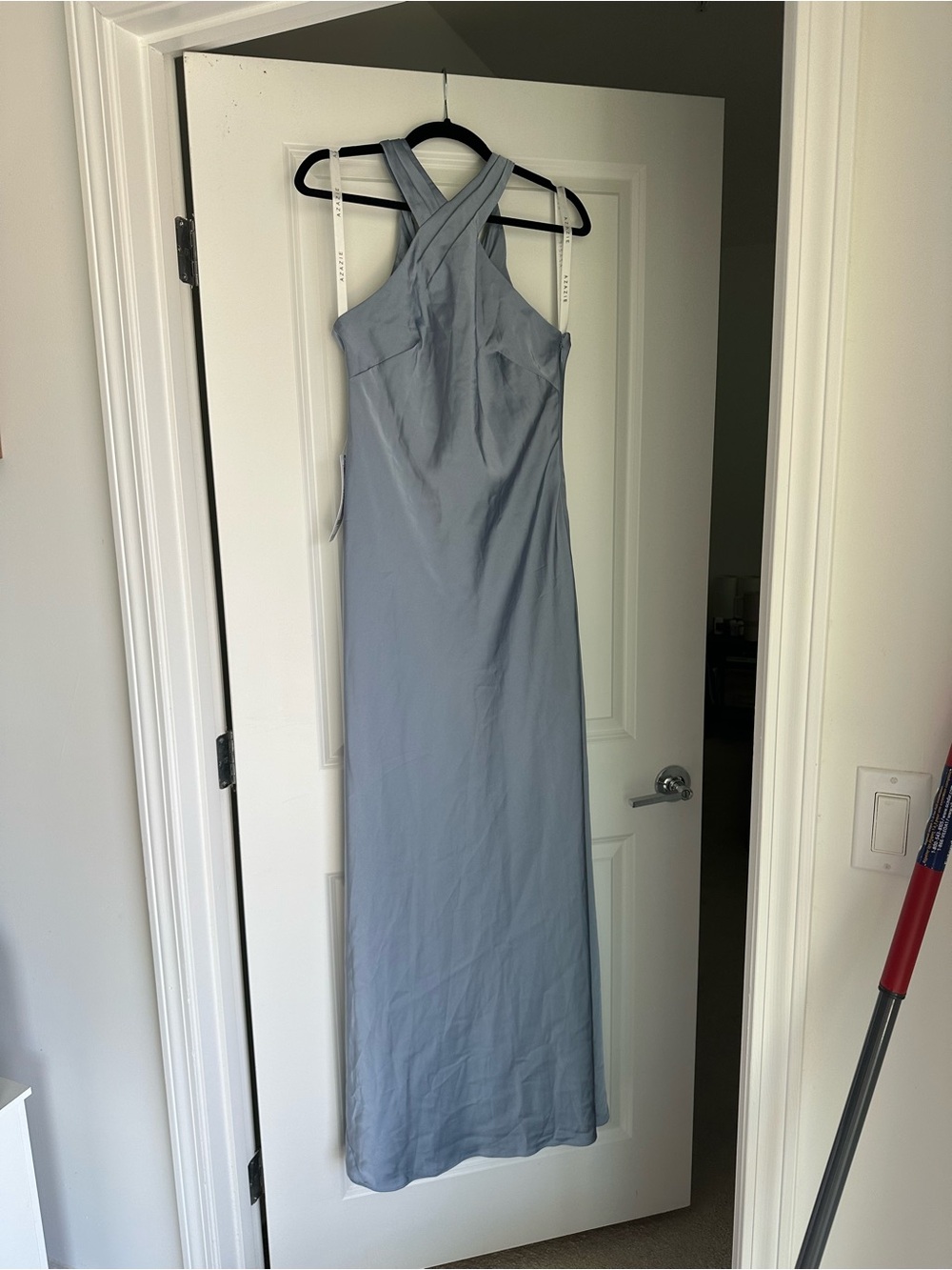 Azazie Dusty Blue Crisscross Halter Maxi Dress